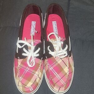 Sperry Women's Pink and Brown Plaid Sneakers